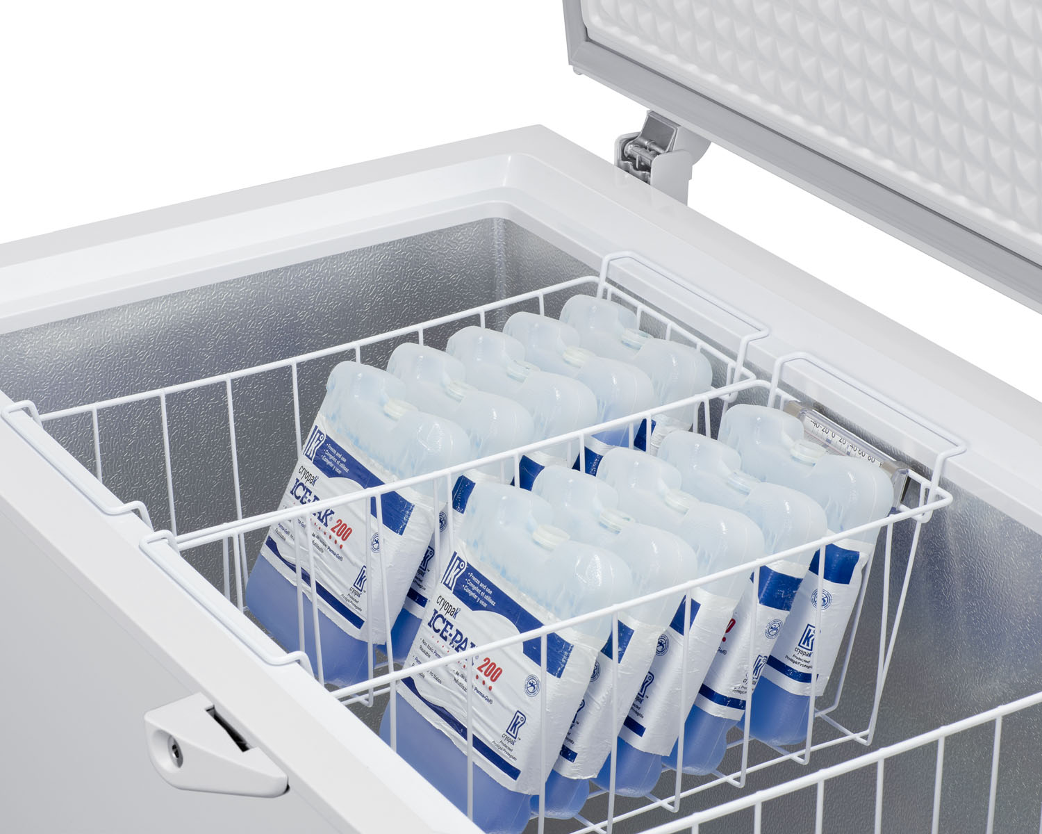 -30 C laboratory 10 cu.ft. chest freezer with stainless steel corner guards, NIST calibrated thermometer with alarm, and lock